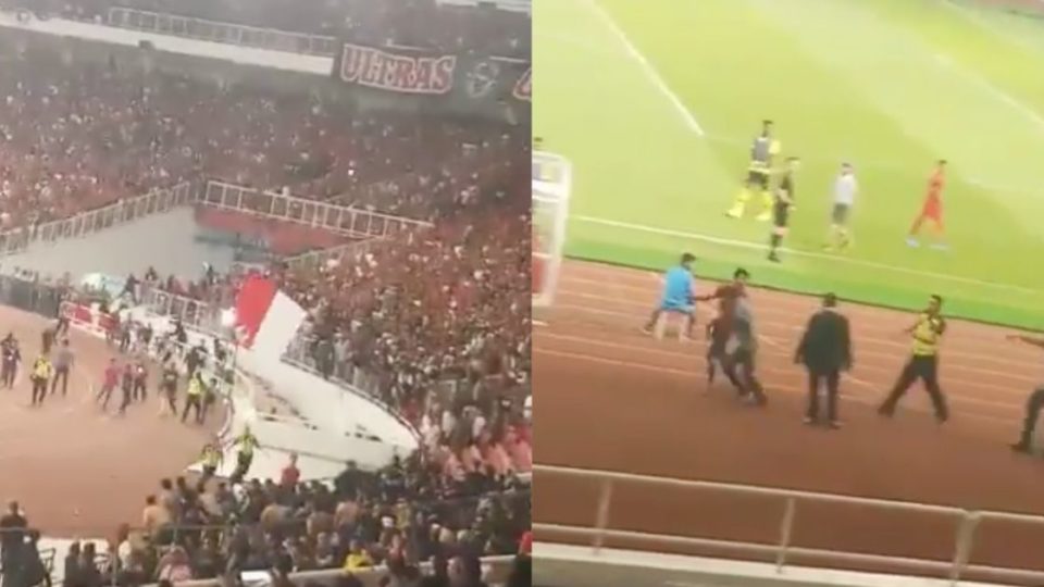 After losing 3-2 to Malaysia in a World Cup 2022 Qualifier match in Jakarta in September, a number of Indonesian supporters attempted to attack at least 400 Malaysian supporters in attendance, among them the country’s Youth and Sports Minister, Syed Saddiq. Screenshot from Twitter/@TirtoID