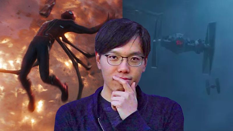 Win Leerasanthanah flanked by scenes from films he’s created animation for. Photos, from left: Marvel Studios,  Win Leerasanthanah, Lucasfilm Ltd.
