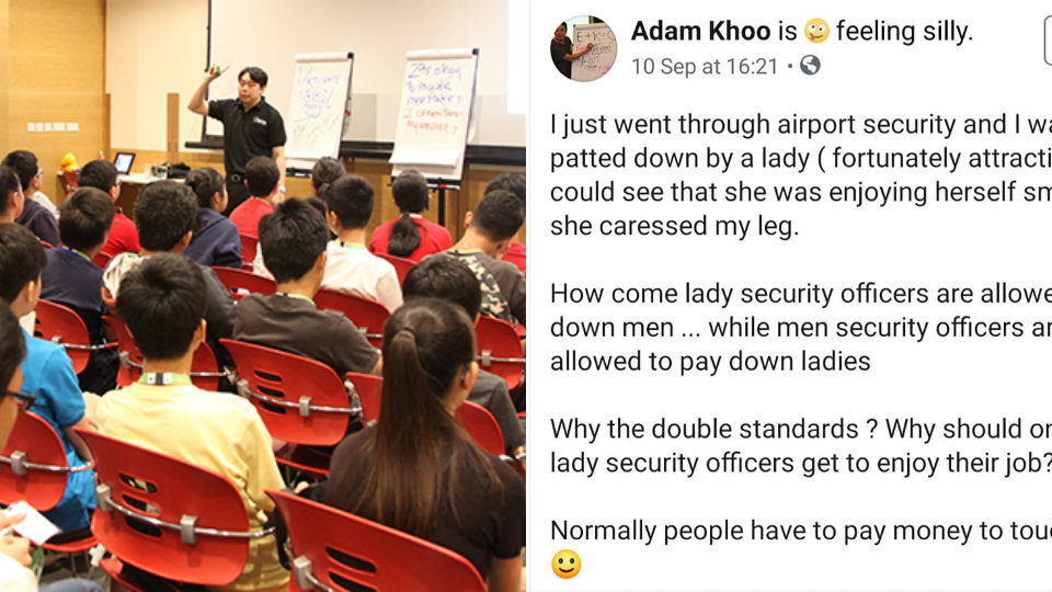 Adam Khoo conducting a workshop (left); Screenshot of Facebook post from his page.