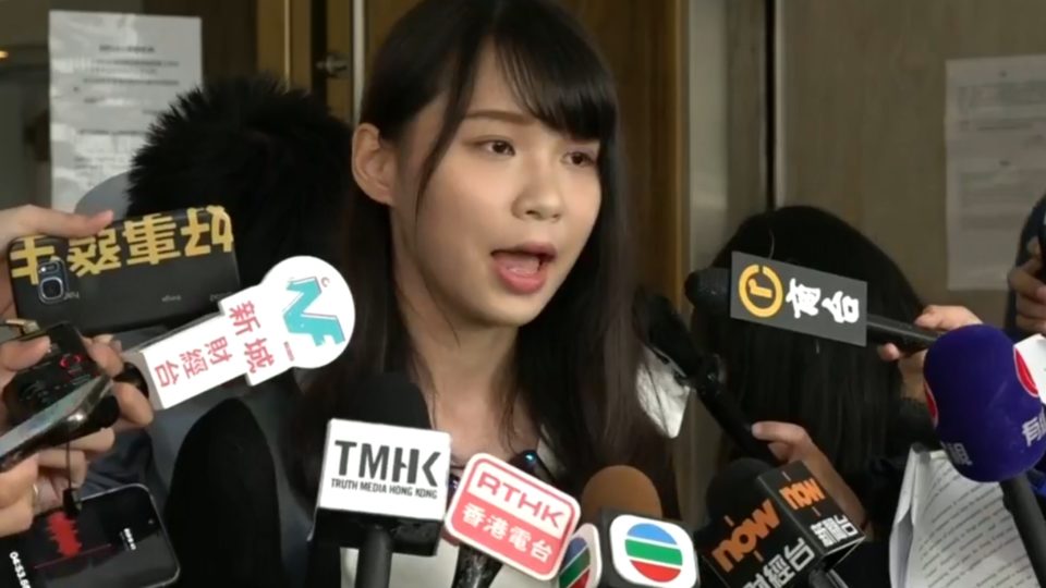 Demosisto co-founder Agnes Chow speaks to press today after a court overturned a 2018 decision barring her from running in a LegCo by-election. Screengrab via Facebook/RTHK.