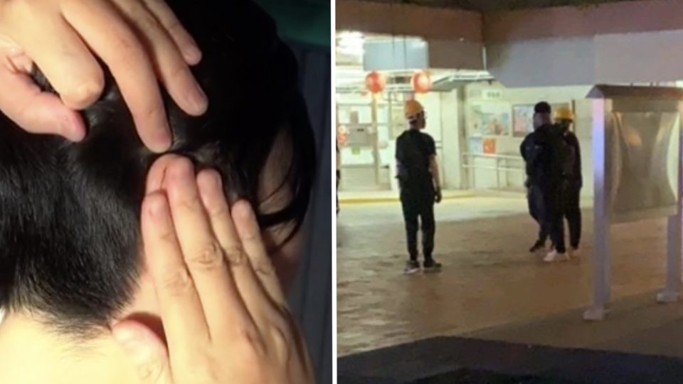 (Left) the female Apple Daily reporter shows the camera where she was hit, (right) a photo sent to the newspaper by a reader of four men in protest gear seen acting suspiciously in the area where the reporter was attacked. Screengrab via Apple Daily video.