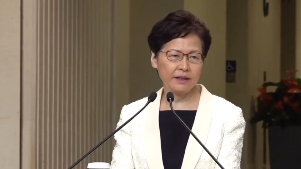 Chief Executive Carrie Lam speaks to the press today following the leak of a sensitive conversation with the business community. Screengrab via Facebook/Apple Daily.