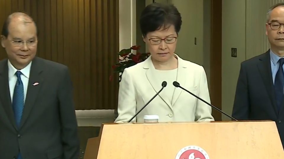 Chief Executive Carrie Lam speaks to the press this morning after her surprise withdrawal of a despised extradition bill last night. Screengrab via Facebook/RTHK.