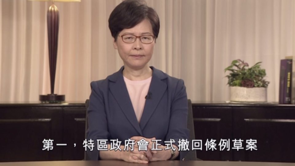Chief Executive Carrie Lam gives a televised address in which she announced the full withdrawal of Hong Kong’s controversial extradition bill. Screengrab via Facebook.