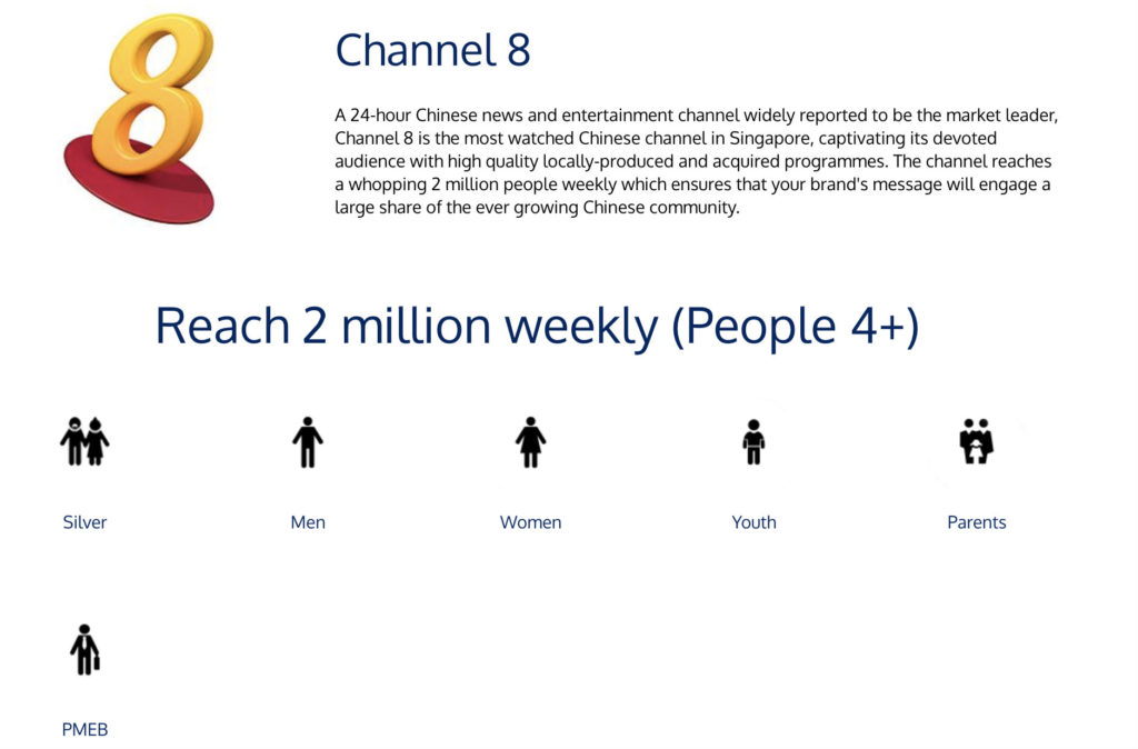 A screenshot of Mediacorp's audience profile for its Chinese-language Channel 8 taken from its website.