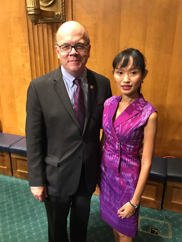 Thai pro-democracy activist Chonthicha Jaengraew, at right, with US Rep. Jim McGovern (D-Mass).