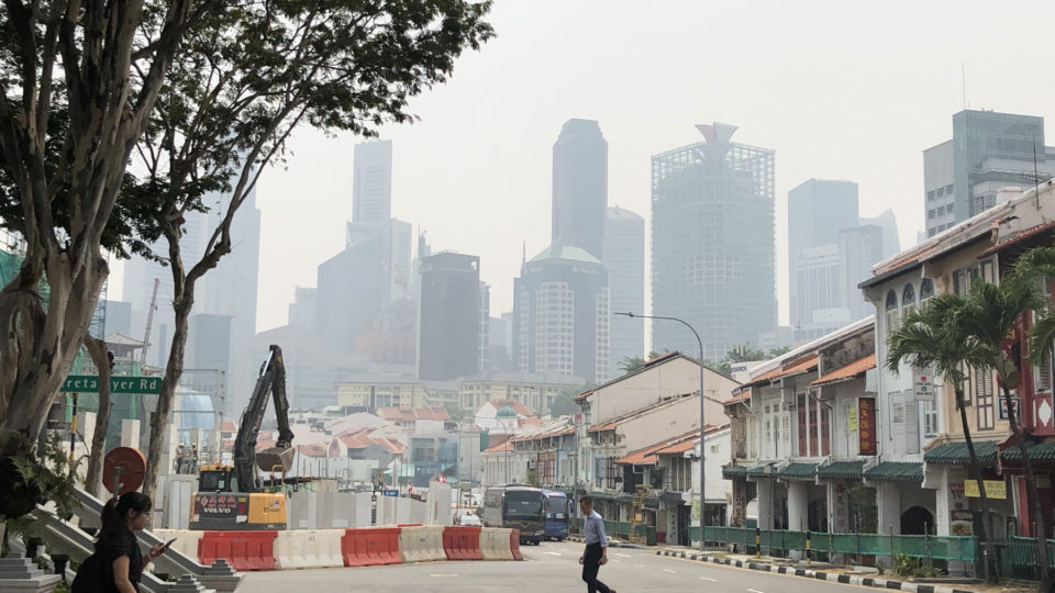 View of Singapore’s hazy skyline from Neil Road.  