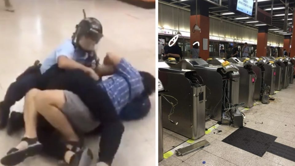 (Left) Police officer subdues two protesters at Po Lam MTR station (right) damaged ticket turnstiles at Po Lam. Screengrab and photos via Twitter and Facebook/梁效輝.