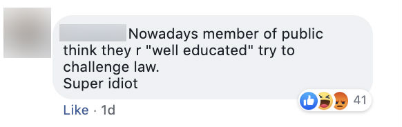 A comment on Facebook regarding the police harassment video. 