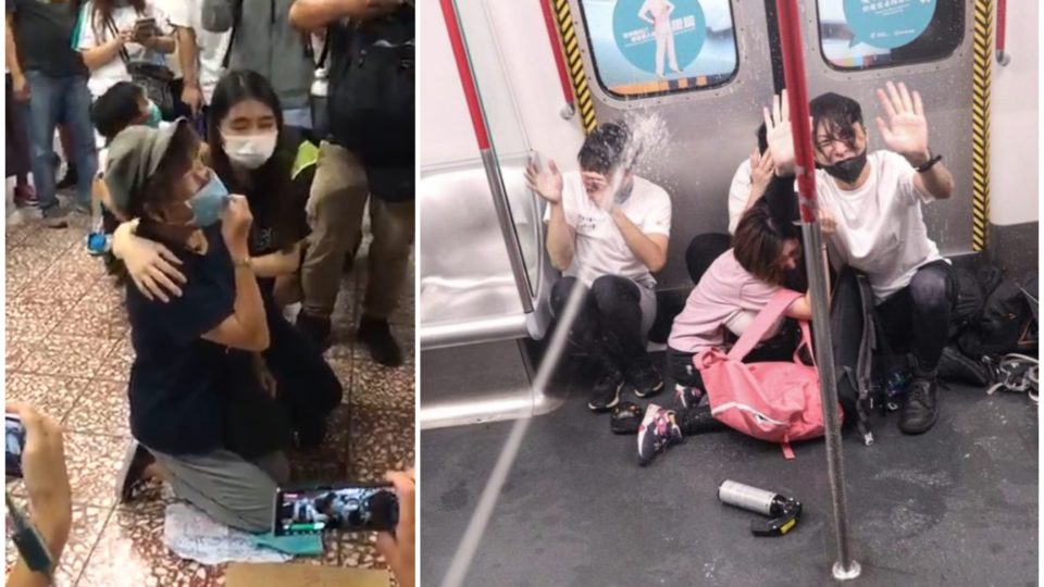 Protesters gathered at Prince Edward MTR station today (left) to demand CCTV footage of a heavy-handed police crackdown there on Aug. 31. Screengrabs via Twitter/Facebook.
