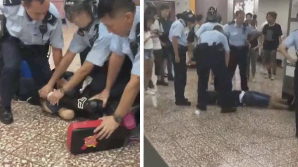 Police subdue a male protester in Prince Edward MTR station on Tuesday, September 3, 2019. He passed out and was taken to hospital shortly afterwards. Screengrabs via YouTube and Facebook/i-Cable.