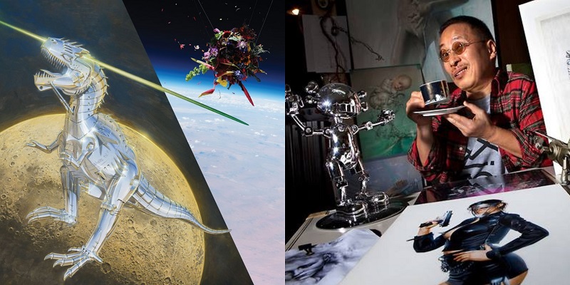 A promotional image of Sorayama Space Park (left) and Hajime Sorayama (right).