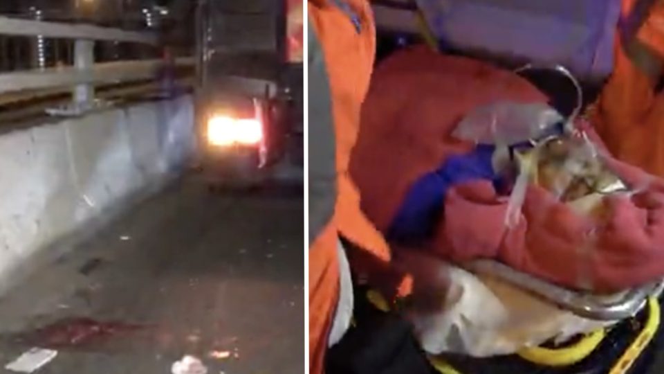 A 40-year-old truck driver surnamed Wong is taken into an ambulance after losing his left leg in a traffic accident. Screengrabs via Apple Daily video.