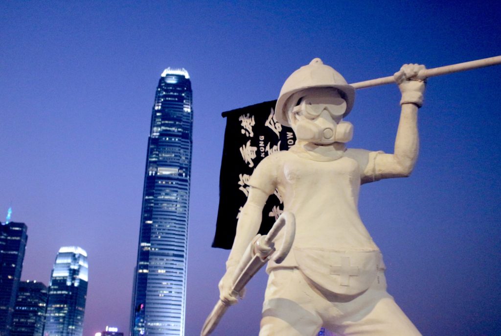 Lady Liberty Hong Kong at a Tamar Park rally commemorating the fifth anniversary of the Umbrella Movement. Photo by Vicky Wong.