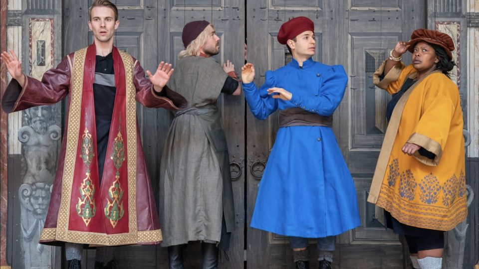Globe on Tour, the Shakespeare Globe’s touring ensemble, performing a scene from the Bard’s play <em>Comedy of Errors</em>. Photo via Facebook.