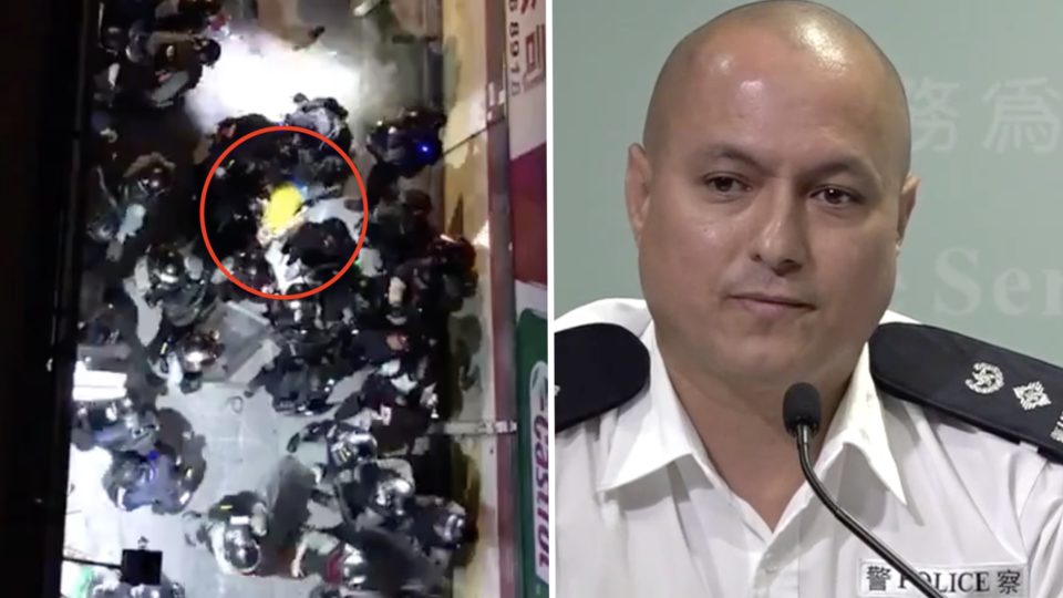 (Left) a screengrab from a video showing officers assault what appears to be a “protect the children” volunteer at a protest in Yuen Long on Saturday, July 21. (Right) Acting Senior Superintendent (Operations) Vasco Williams of New Territories North telling reporters at a police press briefing that it was a ‘yellow object’. Screengrabs via Twitter video and Apple Daily.