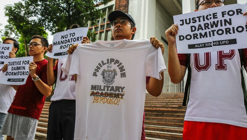 <I>Student protest Sept. 25 outside the University of the Philippines, condemning the death of Dormitorio. Photo: ABS-CBN</I>