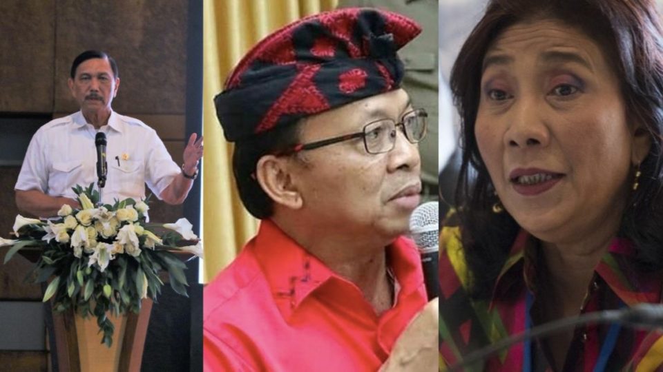 Left: Minister Luhut Pandjaitan. Center: Bali Governor I Wayan Koster. Right: Minister Susi Pudjiastuti. Photos: Coordinating Ministry for Maritime Affairs, Instagram, AFP