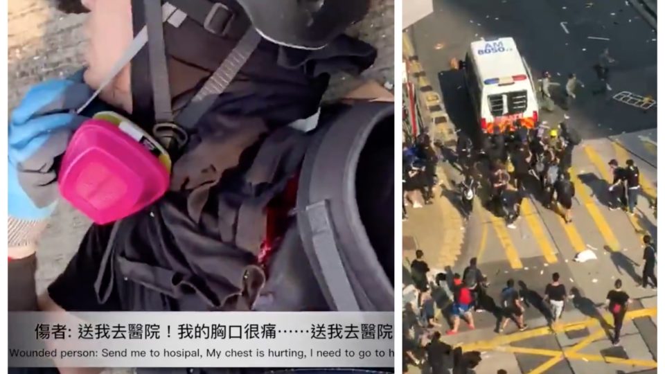 A man was allegedly shot in the chest by a live round in Tsuen Wan (left), and police fired warning shots in Yau Ma Tei (right) as National Day protests raged across the city. Screengrabs via Twitter.