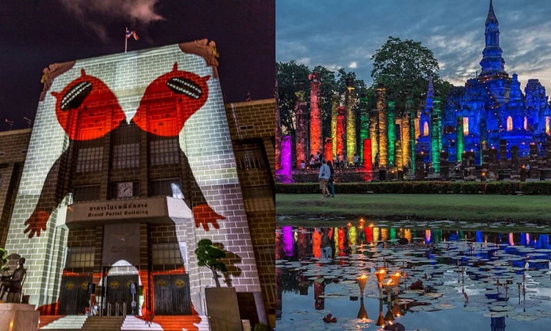 A projection mapping on the Grand Postal Building during the Bukruk Urban Arts Festival in Bangkok, at left, and a light show at the Sukhothai Historical Park. Photos: Bukruk Urban Arts Festival, Niraras / Wikimedia Commons