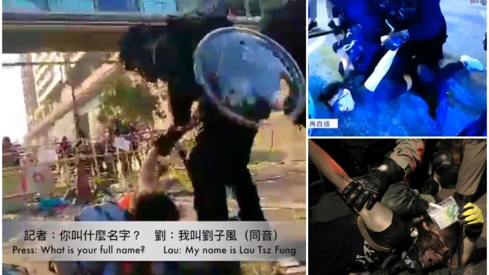 A police officer appears to injure a protester’s arm during yesterday’s National Day protests (left) in an incident that evoked scenes from past protests (right). Screengrabs via Twitter.