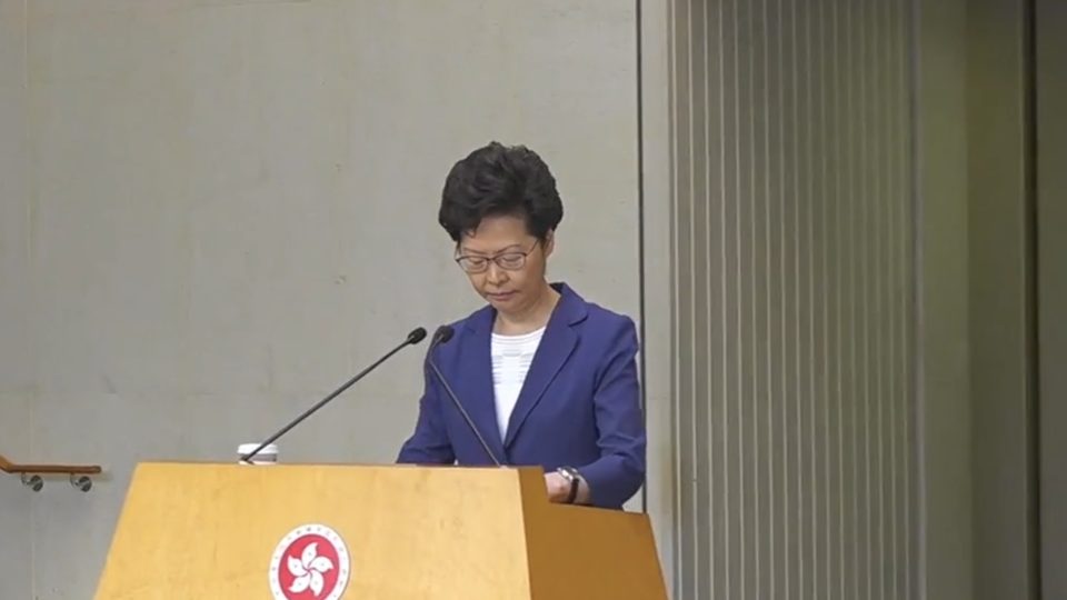 Hong Kong leader faces the press on Oct. 8, 2019. Screengrab via Facebook/HK01.