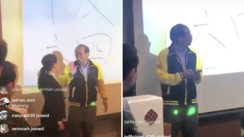 Chan Wai-keung, a college professor getting held up by students because of comments he made supporting harsher penalties for those arrested during anti-government protests. Screengrabs via Twitter video.