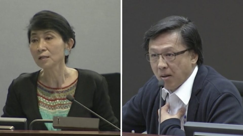 Pro-Beijing firebrand Junius Ho (right) was kicked out of a Legislative Council meeting after saying that pro-democracy lawmaker Claudia Mo (left) ‘eats foreign sausage,’ referencing the fact that Mo’s husband is a British journalist. Screengrabs via Facebook video/RTHK. 