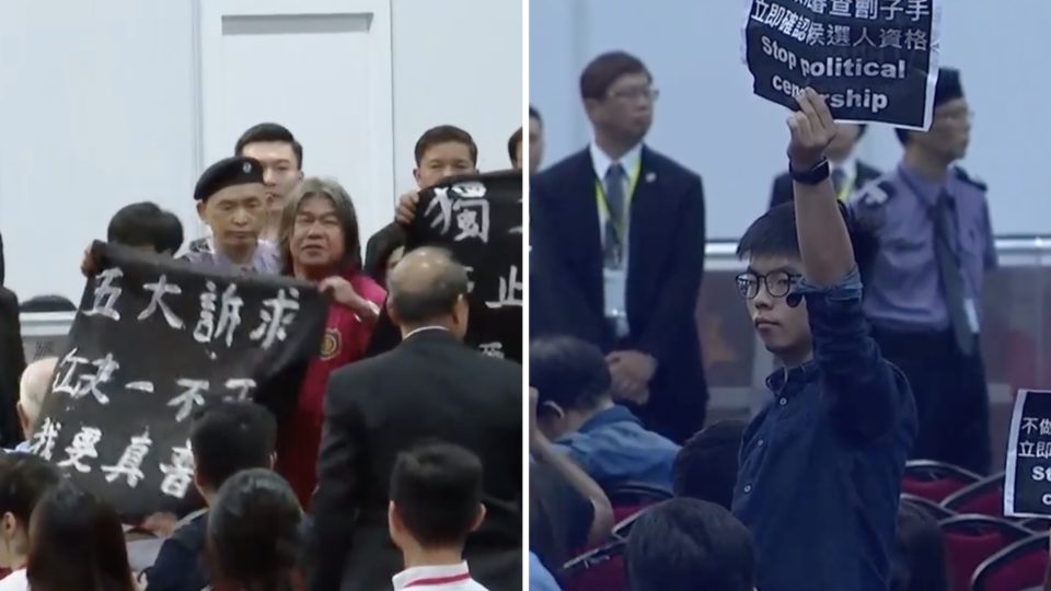 Leung Kwok-hung and Joshua Wong joined pro-democracy candidates in disrupting a briefing for district council elections candidates after elections officials failed to make a decision on Wong’s candidacy for district council. Screengrabs via Facebook/RTHK.