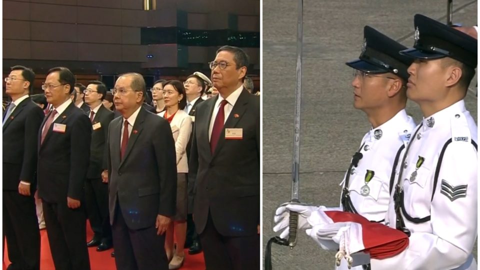 Hong Kong officials (left) view today’s flag raising ceremony (right) from indoors amid stepped-up security ahead of planned National Day protests. Screengrabs via Facebook/RTHK.