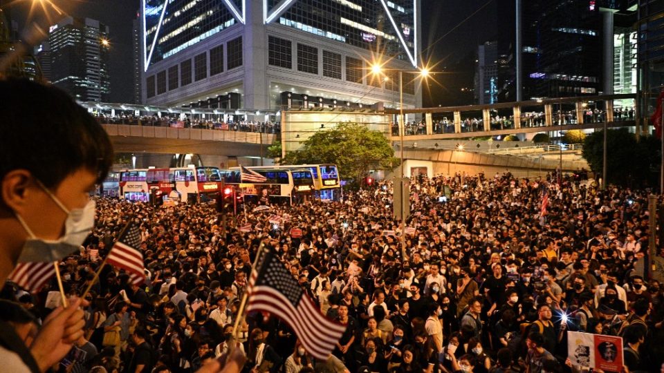 Protesters attend a rally in Hong Kong on October 14, 2019, calling on US politicians to pass a bill that could alter Washington’s relationship with the semi-autonomous city. Photo via AFP.