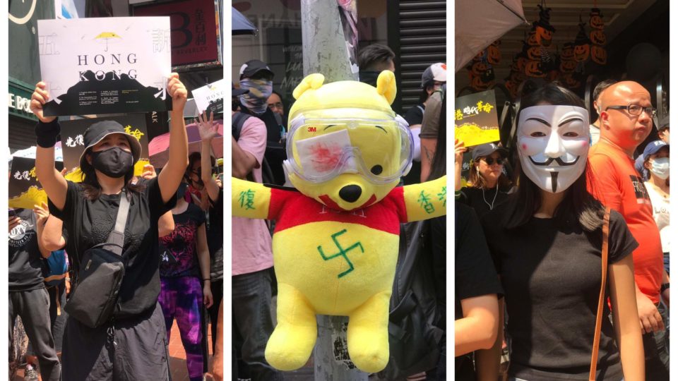 Lots of Guy Fawkes masks and a Nazi Winnie the Pooh (a stand in for Xi Jinping) were spotted as National Day protests kicked off this morning in Causeway Bay. Photos: Stuart White / Coconuts Media