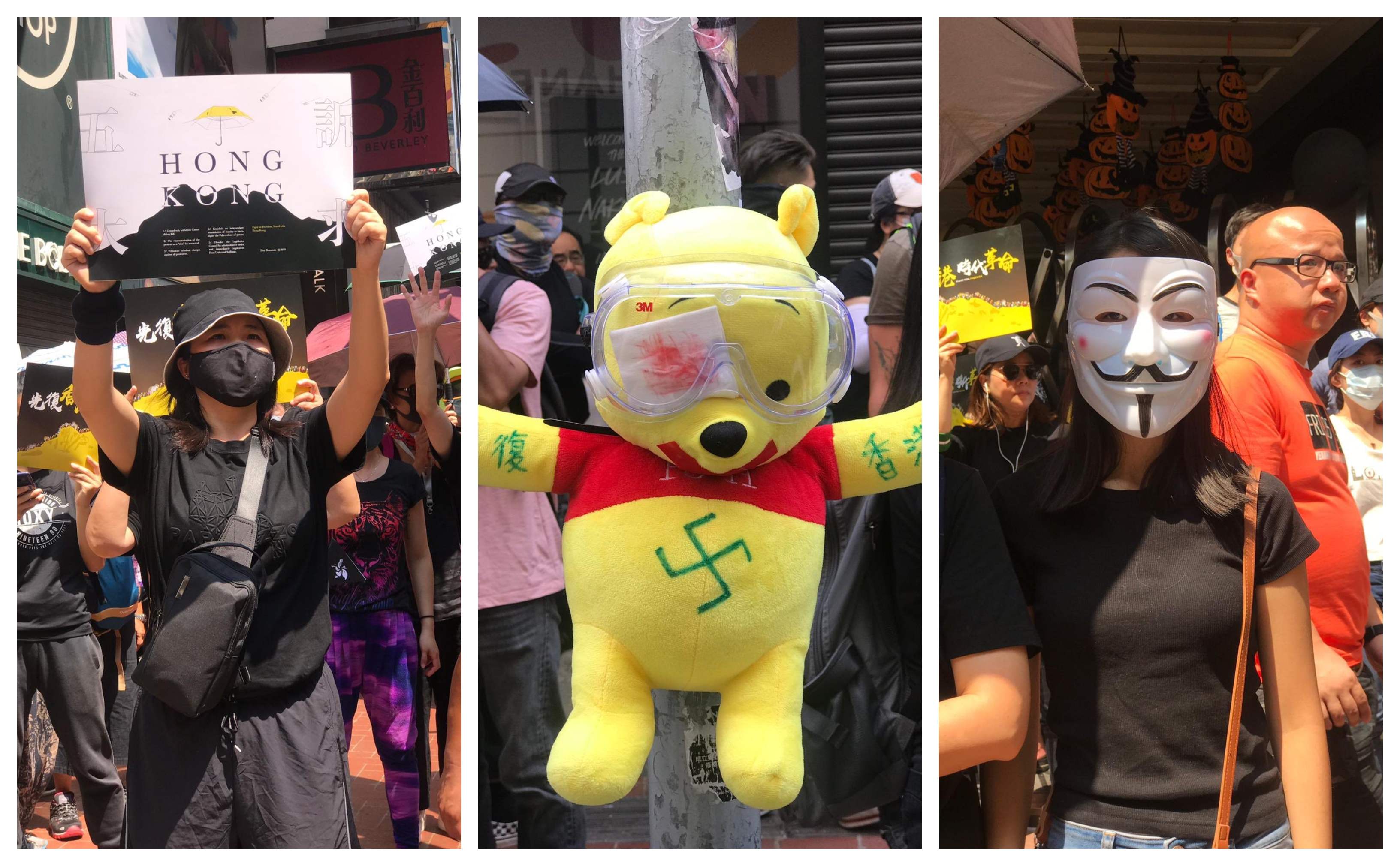 Lots of Guy Fawkes masks and a Nazi Winnie the Pooh (a stand in for Xi Jinping) were spotted as National Day protests kicked off this morning in Causeway Bay. Photos: Stuart White / Coconuts Media