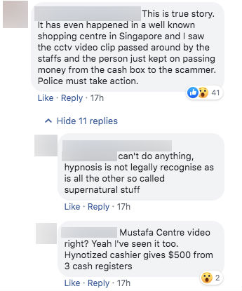 Facebook comments on hypnotic scammer.
