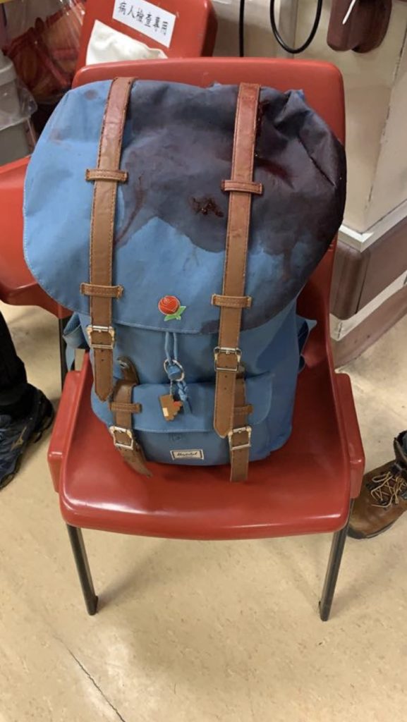 Jimmy Sham's blood-stained backpack. Photo via Facebook/Tanya Chan.