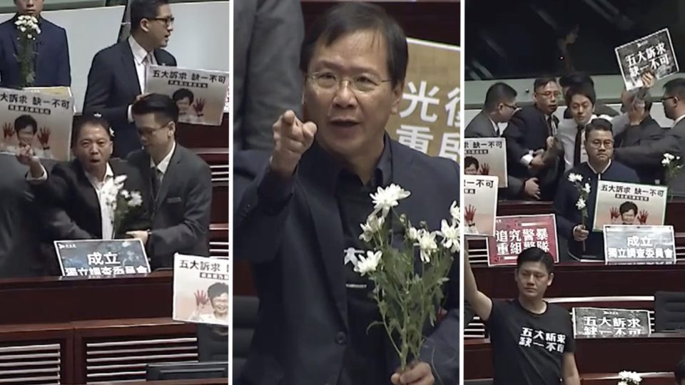 (From left to right) Pro-democracy lawmakers Wu Chi-wai, Kwok Ka-ki, and Ted Hui were told to leave the Legislative Council chamber for disrupting Carrie Lam’s policy address Q&A with lawmakers. Screengrabs via Apple Daily.