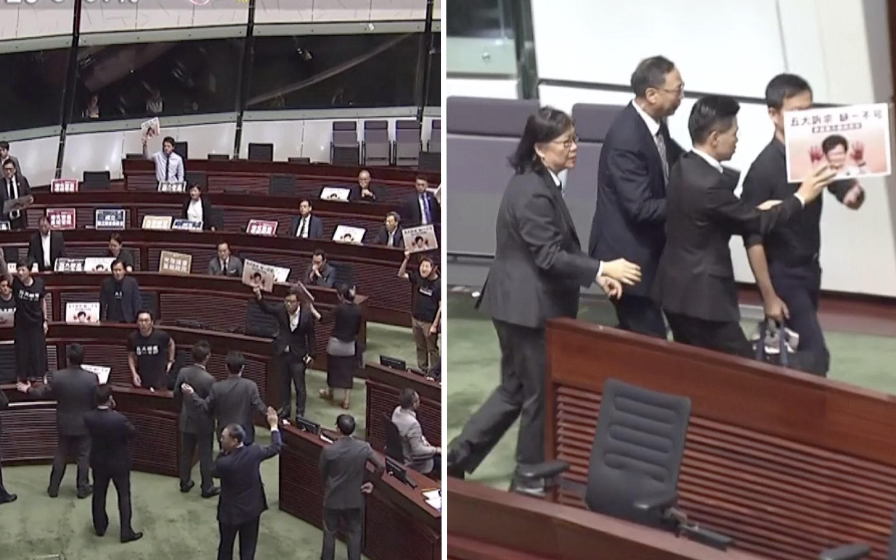 Pro-democracy lawmakers disrupt opening of Carrie Lam’s policy address (left), lawmaker Ray Chan is escorted from the chamber (right). Screengrab via Facebook video/Now News.