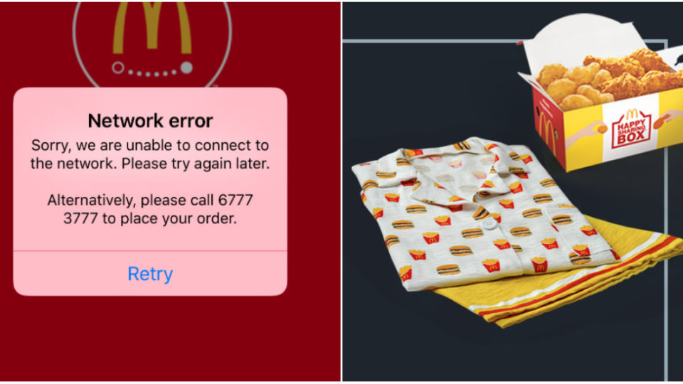 At left, McDonald’s delivery app shows an error message. At right, the limited edition McDonald’s loungewear set. Images: McDelivery app/McDonald’s Singapore website