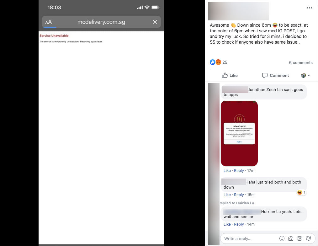 Facebook comment on McDonald's Singapore app and website.