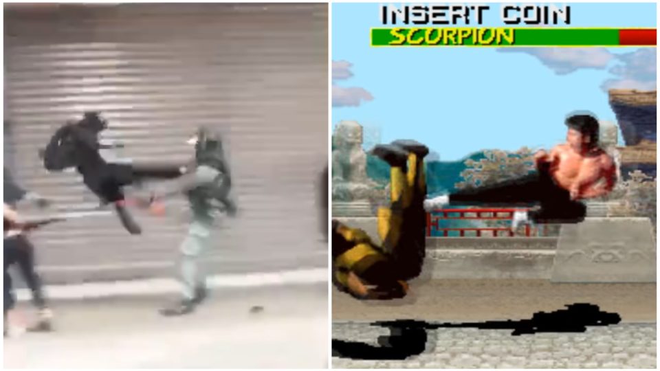 A Hong Kong protester kicks a police officer on Sunday (left), and Liu Kang kicks fellow fictional fighter Scorpion in the arcade classic “Mortal Kombat” (right). Screengrabs via Twitter/YouTube.