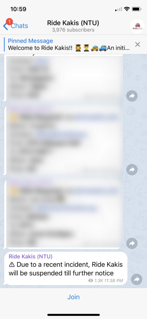 Screenshot of the Ride Kakis (NTU) Telegram channel.