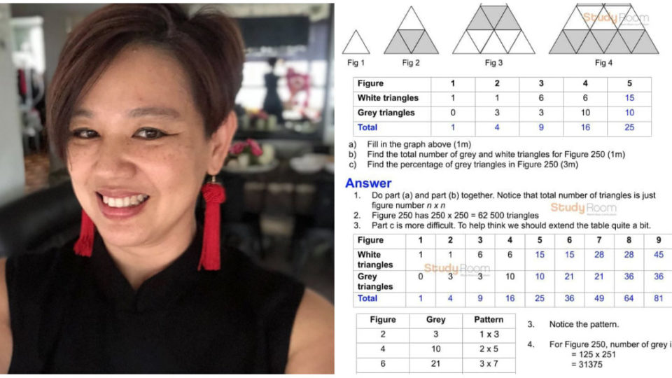 At left, Singaporean mother Serene Eng-Yeo. At right, a screenshot of one of the math questions she included in a Facebook post addressing Education Minister Ong Ye Kung. Images: Serene Eng-Yeo/Facebook