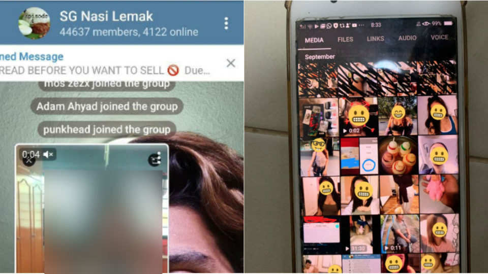 At left, screenshot of the SG Nasi Lemak Telegram channel. At right, a photo showing a screenshot of images and videos being shared in the channel. @sajidvhh/@darcelanastasia via Twitter.