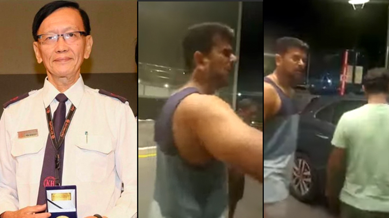 At left, security guard Steven Heng. At middle and right, Ramesh Erramalli yells at him and other guards at his condo in Singapore. Images: ACSA association / Facebook, 