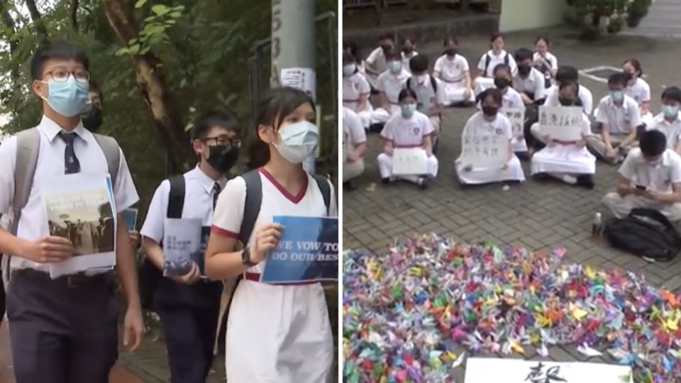 Students in all parts of the city defy a ban on face masks in public after the authorities announced that they would be asking schools to report the number of students wearing face masks. Screengrabs via Facebook video/RTHK and Apple Daily video.