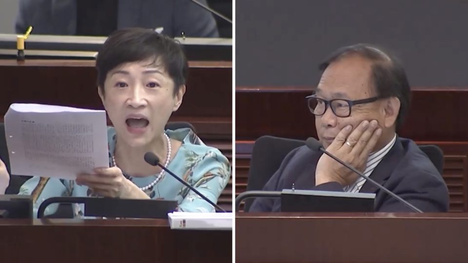 (Left) Tanya Chan points to a LegCo brief saying the anti-mask law is already in effect after pro-Beijing lawmaker Leung Che-chung appeared unaware that the ban was already in effect. Screengrabs via facebook/RTHK video.