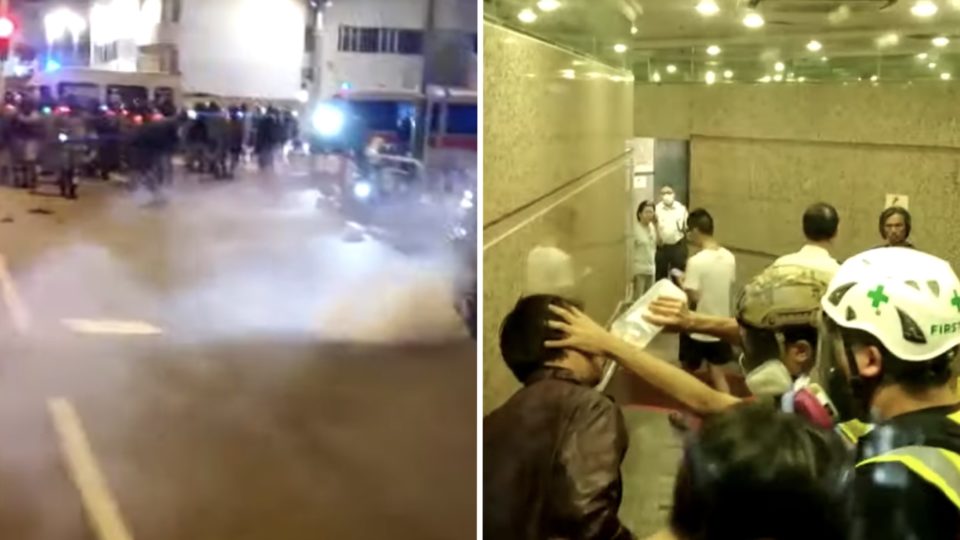 Police use tear gas to disperse protesters who had gathered in Tuen Mun amid allegations that a nearby police base was testing tear gas or other substances in the area. Screengrabs via Youtube/Apple Daily.