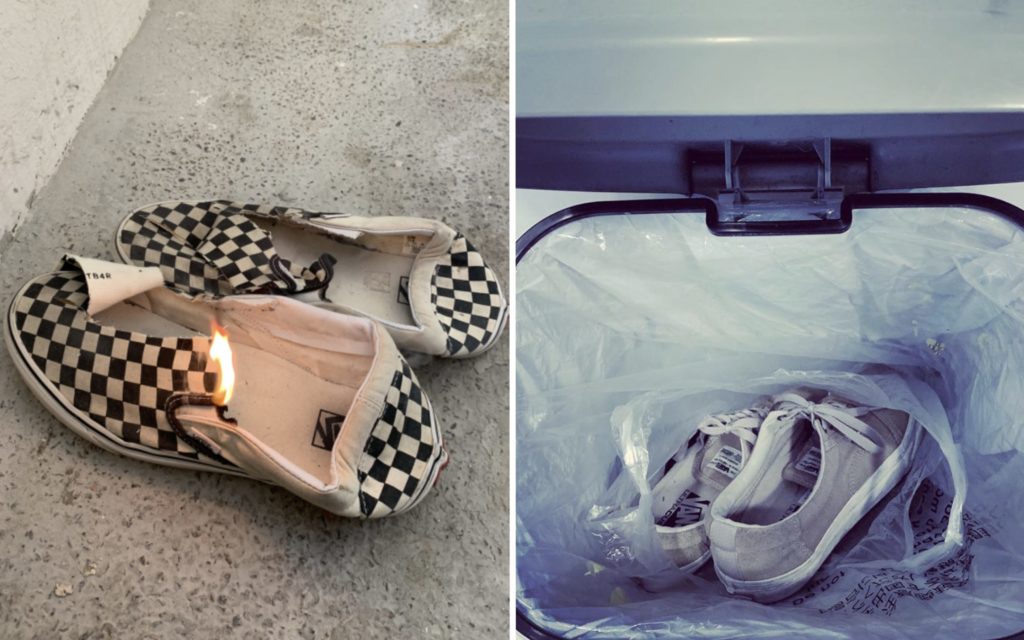 Hongkongers burn or throw out their Vans shoes after the company defended their decision to remove a Hong Kong protest-themed shoe. Photos via LIHKG and Instagram/kobeleung.