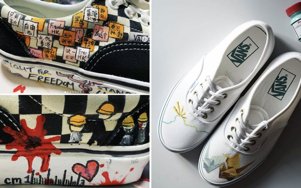 Hongkongers boycott Vans be repainting theirs featuring Hong Kong protest images such as Lennon Walls, Lion Rock, origami cranes, protesters in helmets and a reference to the student who got shot and had a bullet lodged just three centimeters from his heart. Screengrabs via Instagram.