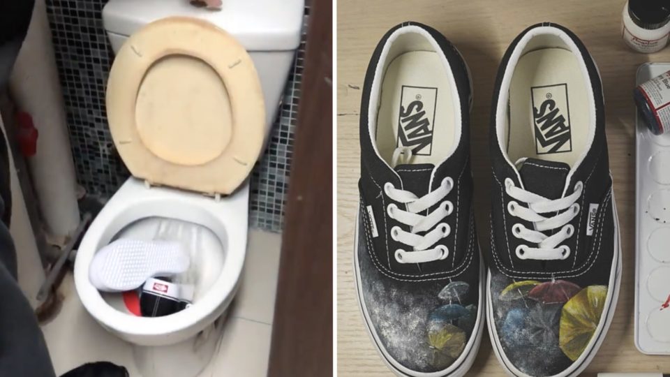 Hongkongers are boycotting Vans by either throwing or flushing out their Vans sneakers or repainting them with Hong Kong protest images. Screengrabs via Facebook video and Instagram.